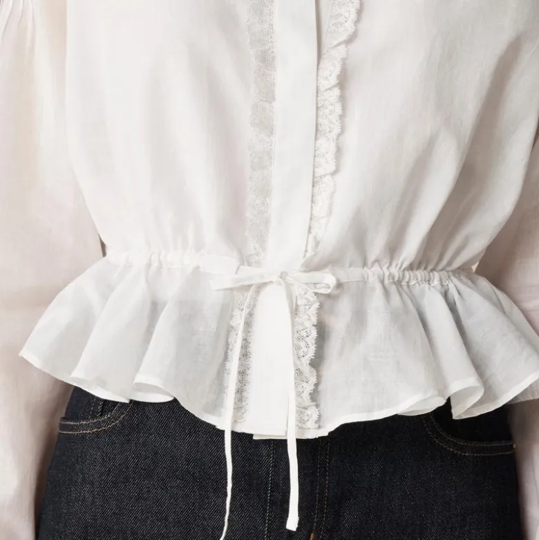 Lace-trim cinched-waist top in cotton voile