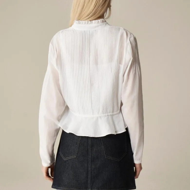 Lace-trim cinched-waist top in cotton voile