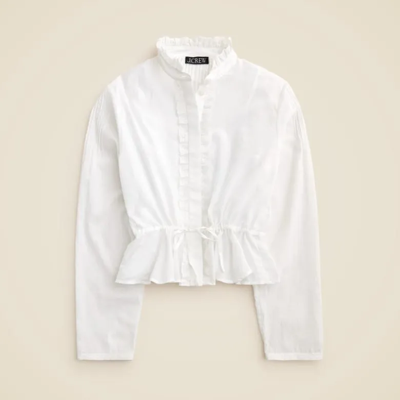 Lace-trim cinched-waist top in cotton voile