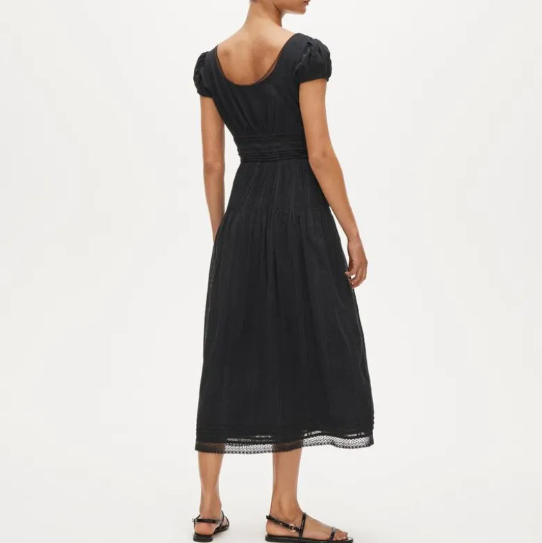 Lace-trim pintuck midi dress in cotton dobby