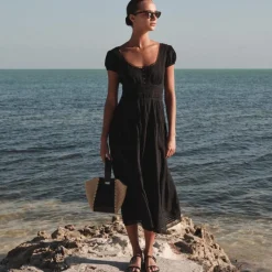 Lace-trim pintuck midi dress in cotton dobby
