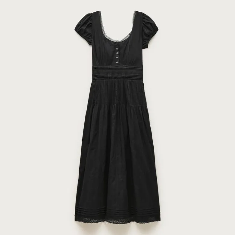 Lace-trim pintuck midi dress in cotton dobby