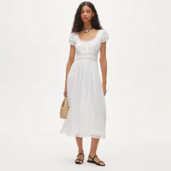 Lace-trim pintuck midi dress in cotton dobby