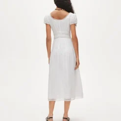 Lace-trim pintuck midi dress in cotton dobby