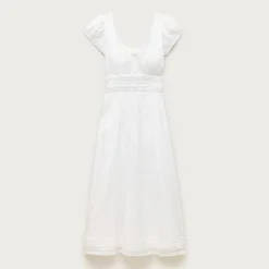 Lace-trim pintuck midi dress in cotton dobby