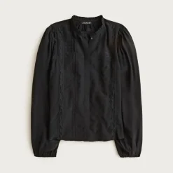 Lace-trim pintuck top in crepe de chine