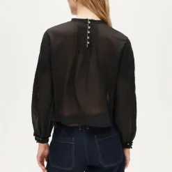 Lace-trim pintuck top in cotton voile