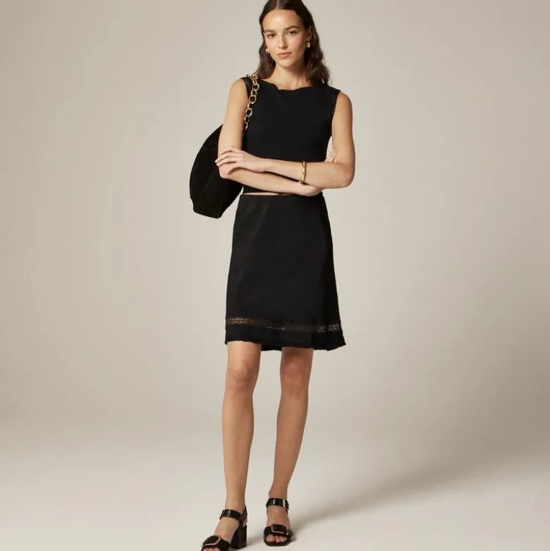 Lace-trim slip skirt in matte textured satin