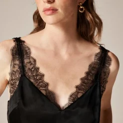 Lace-trim tank top in luster charmeuse