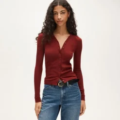 Lightweight rib high V-neck cardigan top