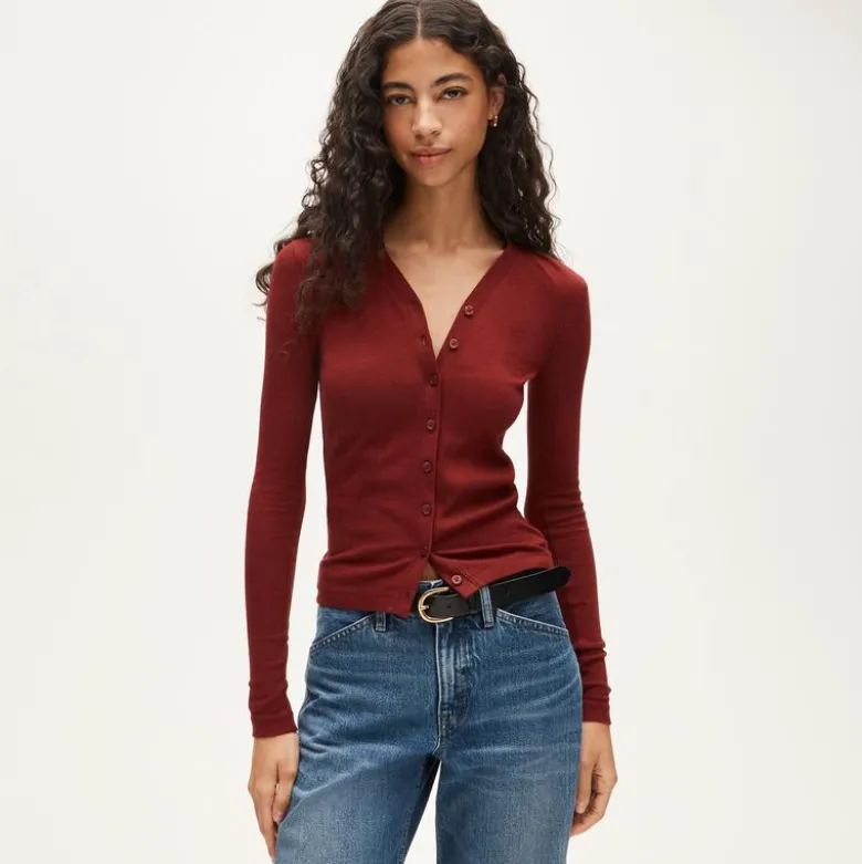 Lightweight rib high V-neck cardigan top