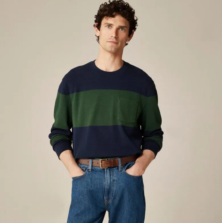 Long-sleeve macropiqué cotton T-shirt in stripe