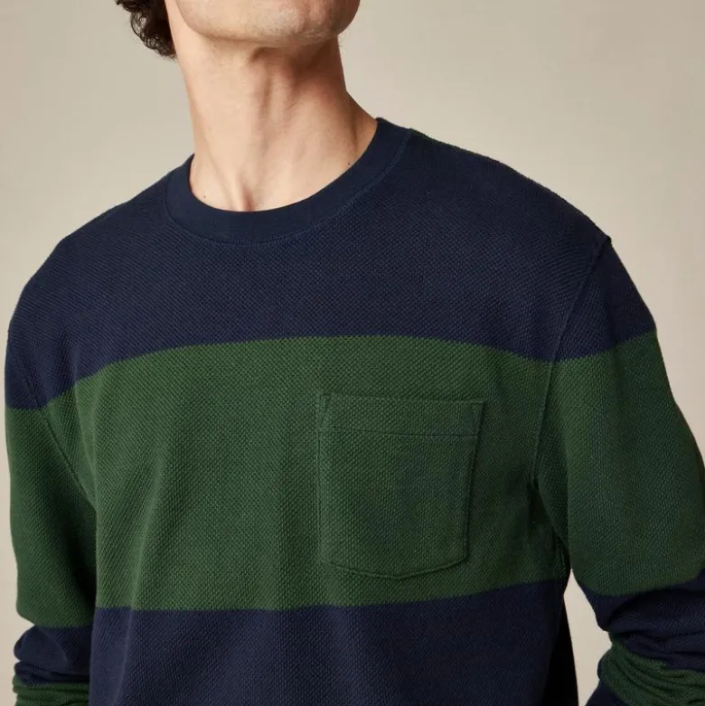 Long-sleeve macropiqué cotton T-shirt in stripe