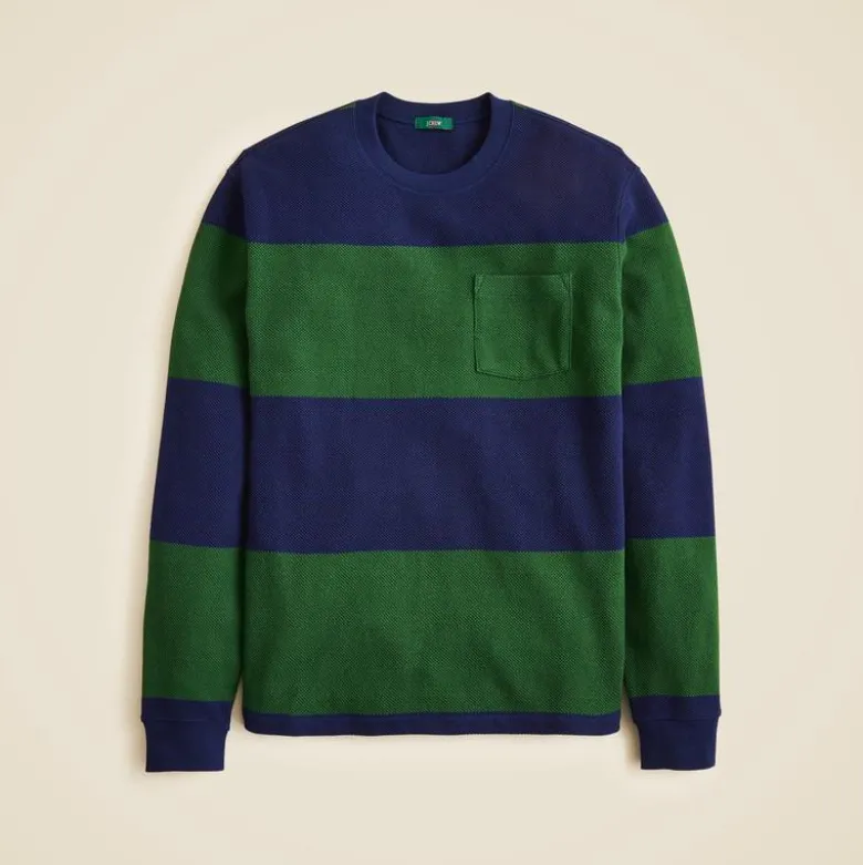 Long-sleeve macropiqué cotton T-shirt in stripe