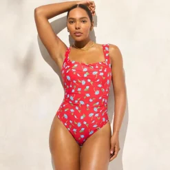 Long-torso Nia ruched squareneck one-piece in brushed daisy print
