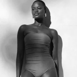 Long-torso ruched bandeau one-piece