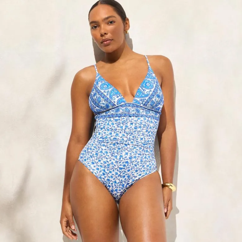 Long-torso ruched plunge one-piece in bandana block print