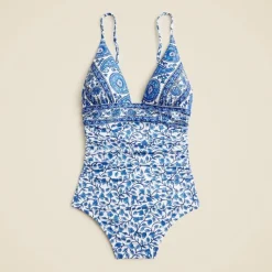 Long-torso ruched plunge one-piece in bandana block print