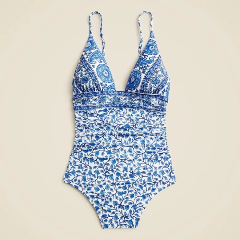 Long-torso ruched plunge one-piece in bandana block print