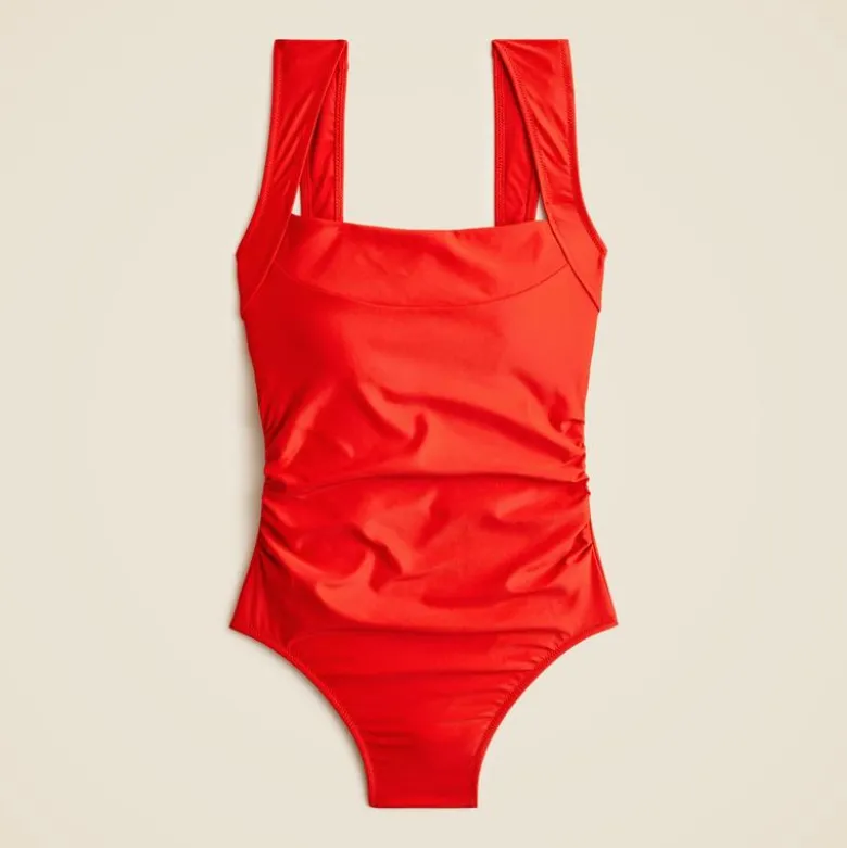 Long-torso ruched squareneck one-piece swimsuit