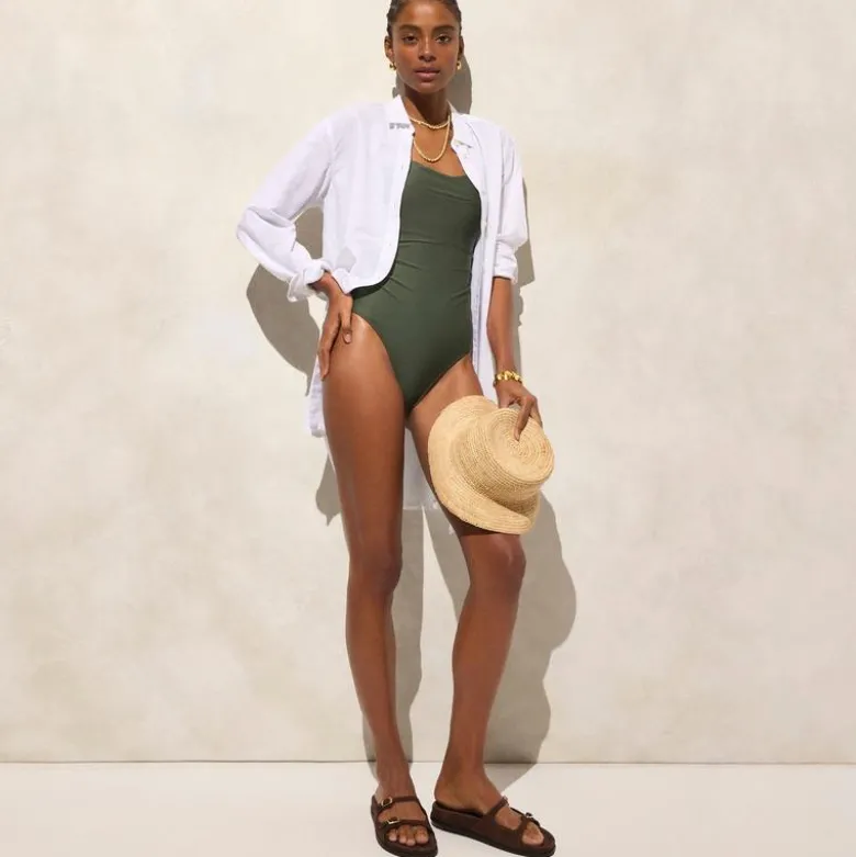 Long-torso ruched squareneck one-piece swimsuit