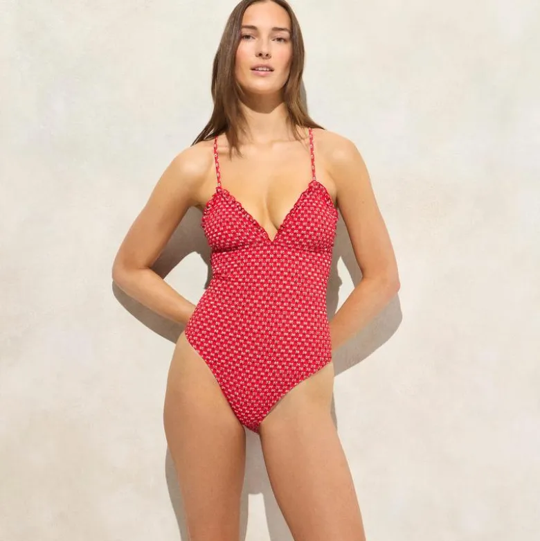 Long-torso smocked ruffle-trim one-piece