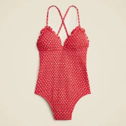 Long-torso smocked ruffle-trim one-piece