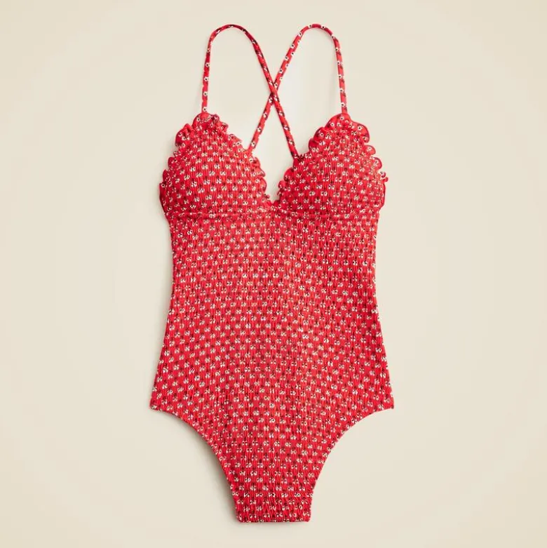 Long-torso smocked ruffle-trim one-piece