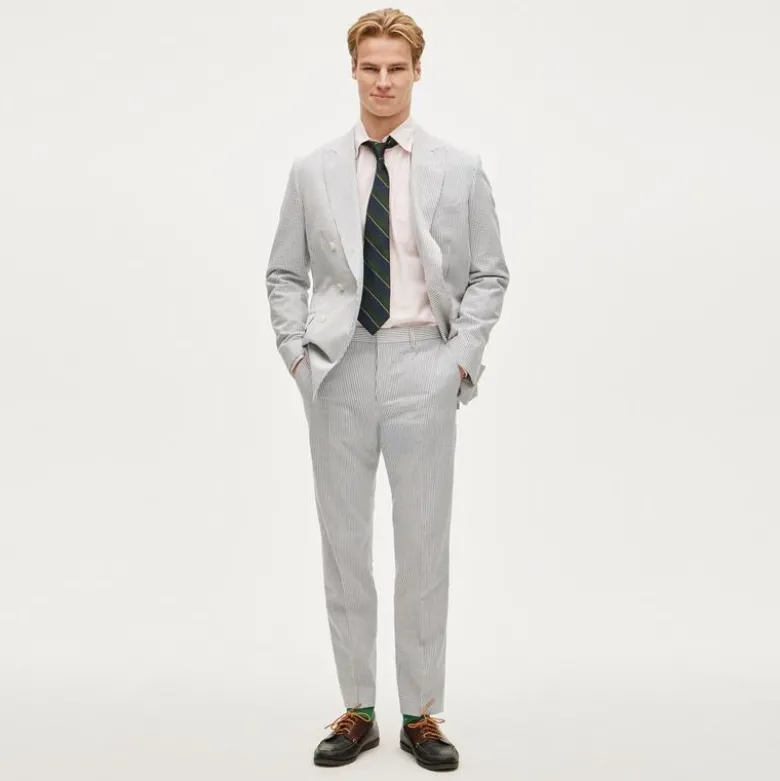 Ludlow Slim-fit double-breasted suit jacket in cotton seersucker