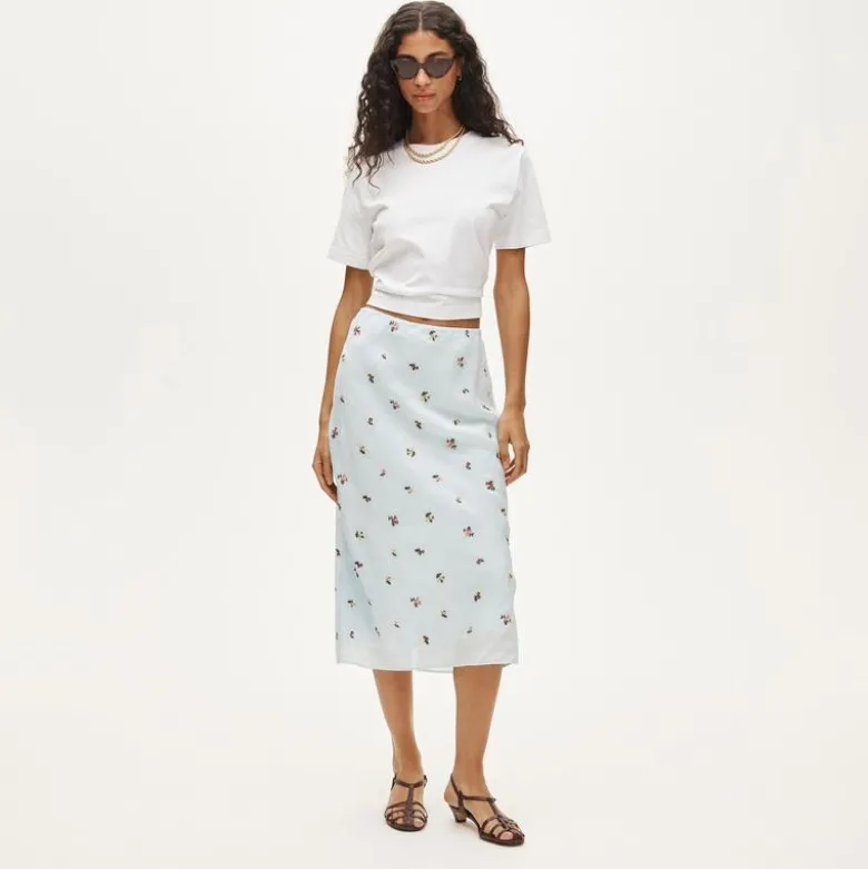 Midi slip skirt in embroidered ramie