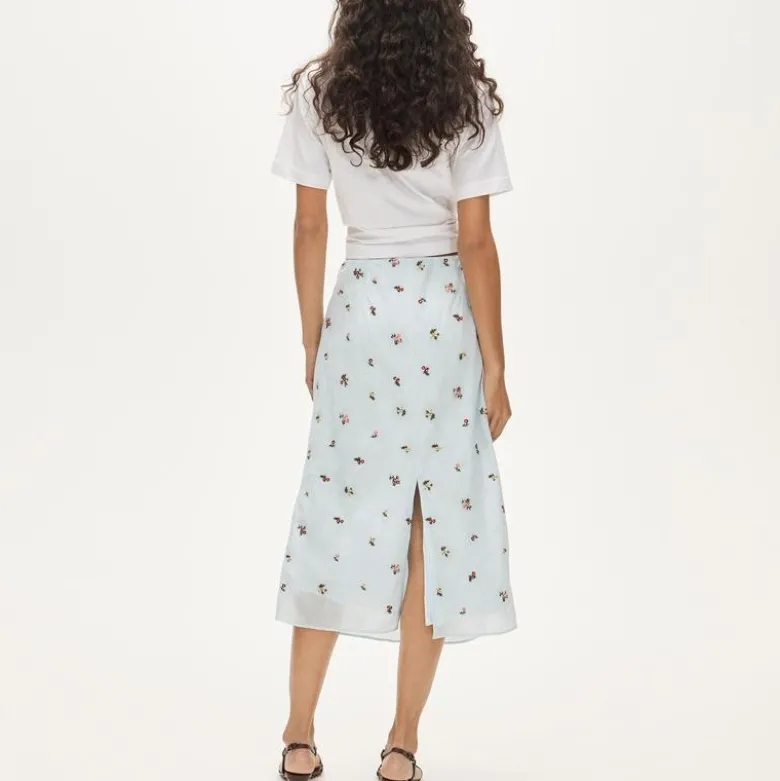 Midi slip skirt in embroidered ramie