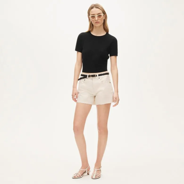 Mid-rise A-line denim short in ecru