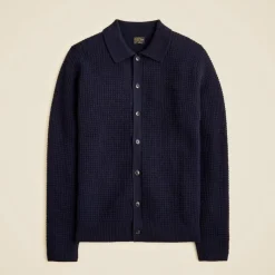 Midweight cashmere waffle-knit polo cardigan sweater