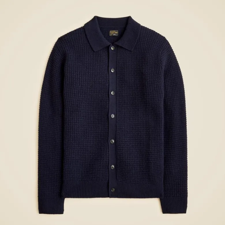 Midweight cashmere waffle-knit polo cardigan sweater