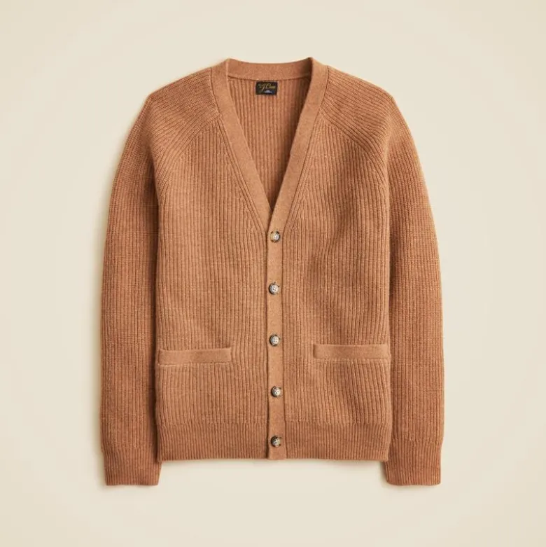 Midweight heathered cashmere ribbed V-neck cardigan