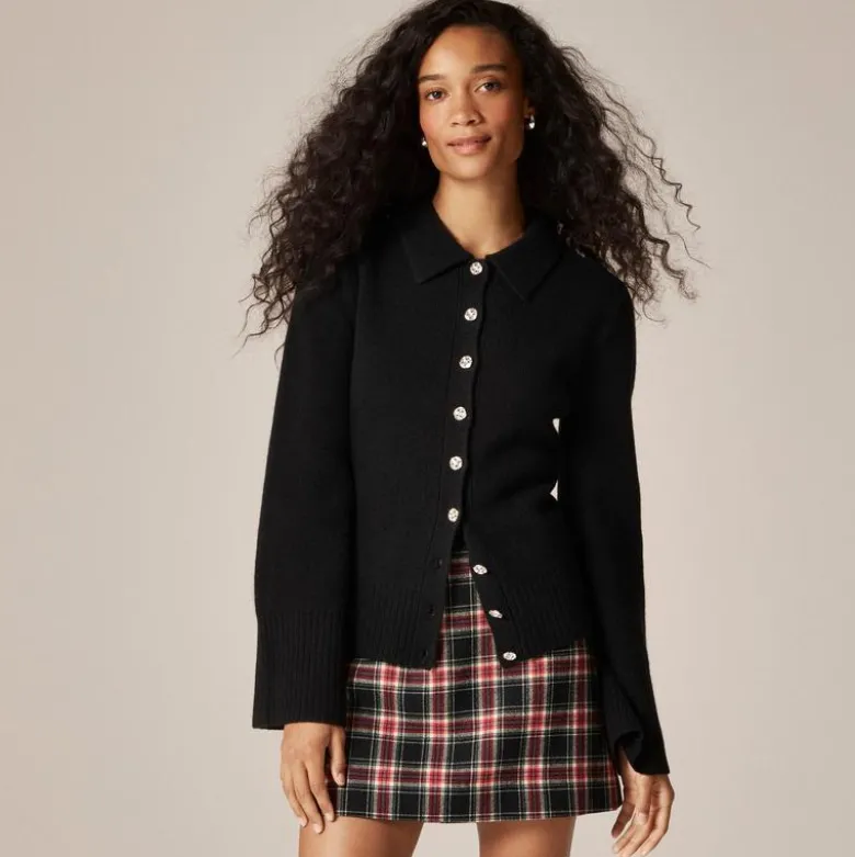 Milano-stitch cinched-waist cardigan with embellished buttons