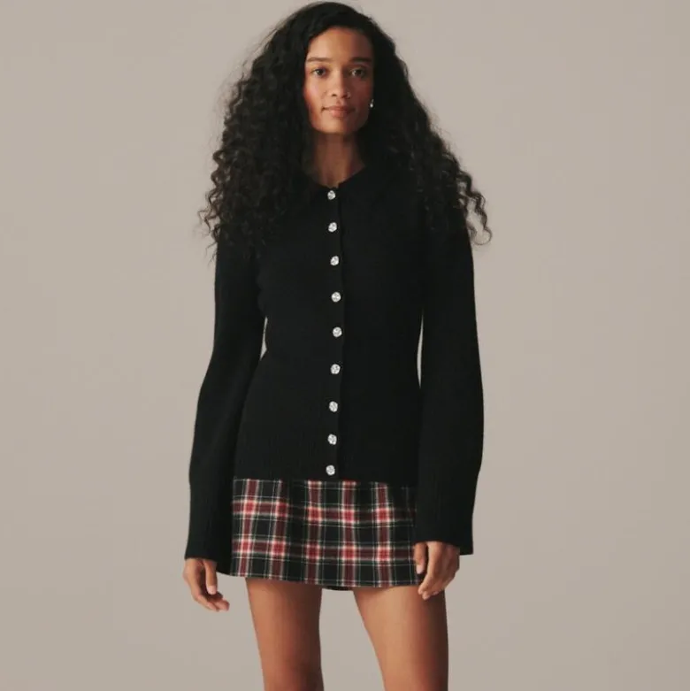 Milano-stitch cinched-waist cardigan with embellished buttons
