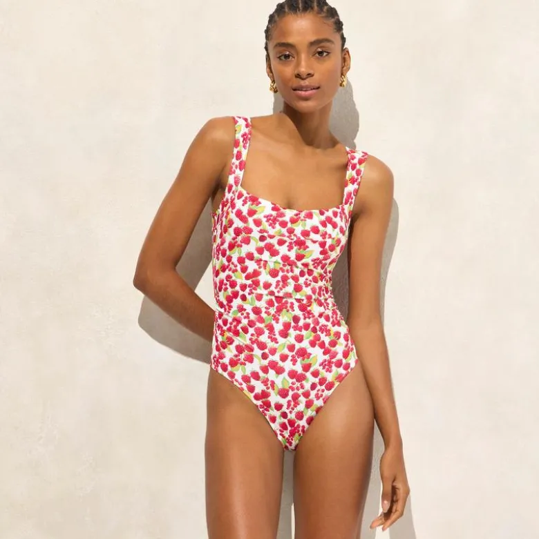 Nia ruched squareneck one-piece swimsuit in raspberry print