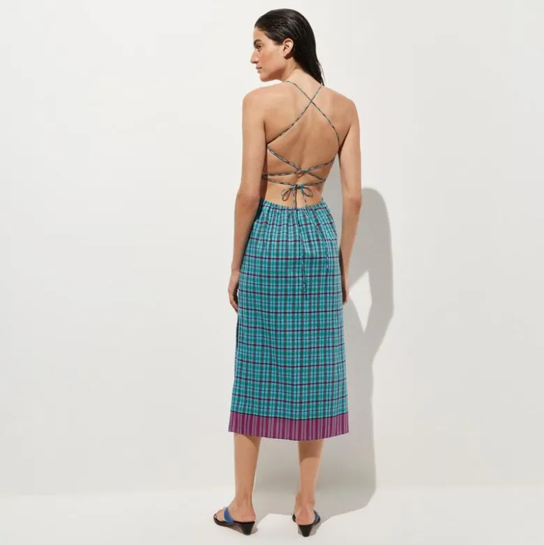 Open-back beach dress in Indian madras cotton