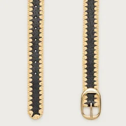 Oval buckle belt in leather and faux raffia
