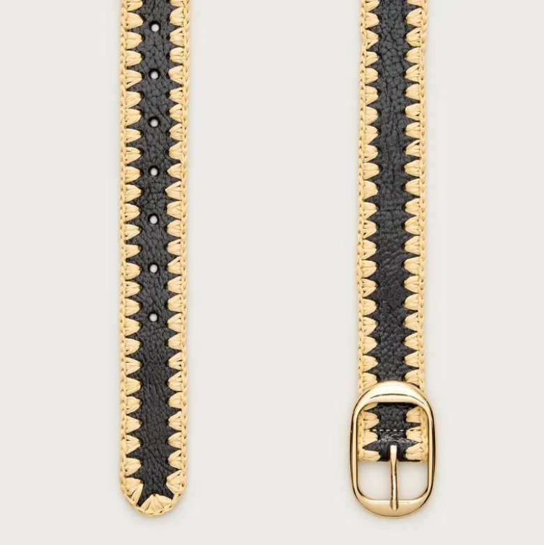 Oval buckle belt in leather and faux raffia