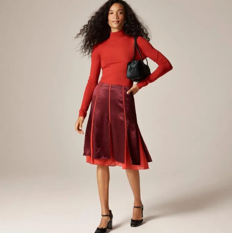 Paneled midi slip skirt in textured satin chiffon