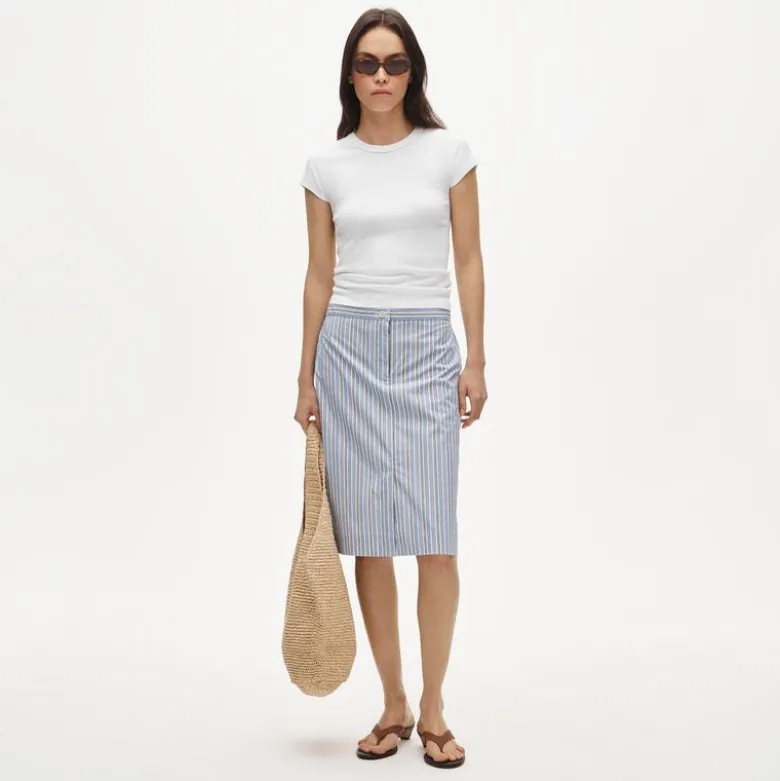 Pencil midi skirt in striped cotton poplin