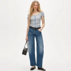 Perfect rib button-up shirt with satin trim in stripe