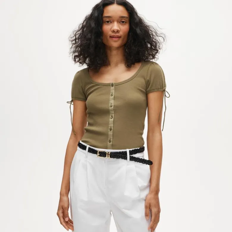Perfect rib button-up shirt with satin trim