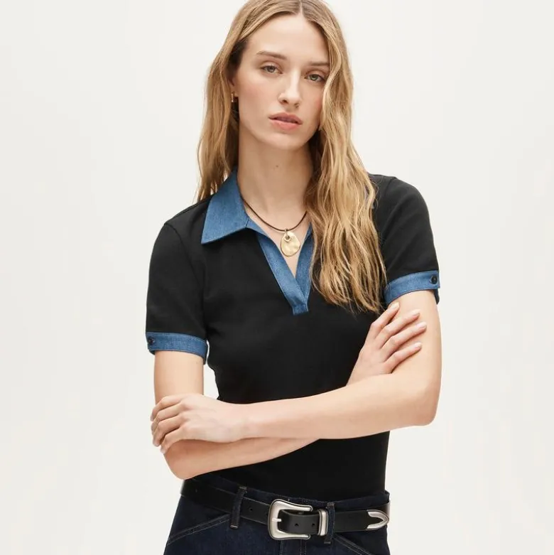 Perfect rib johnny-collar top with denim trim