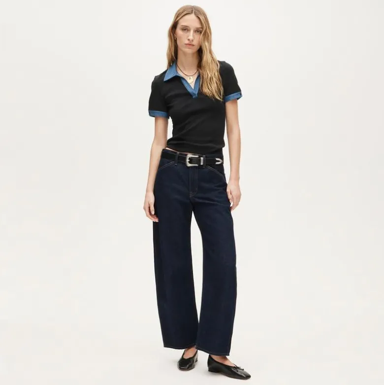 Perfect rib johnny-collar top with denim trim