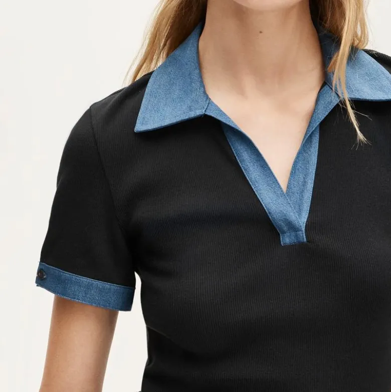 Perfect rib johnny-collar top with denim trim