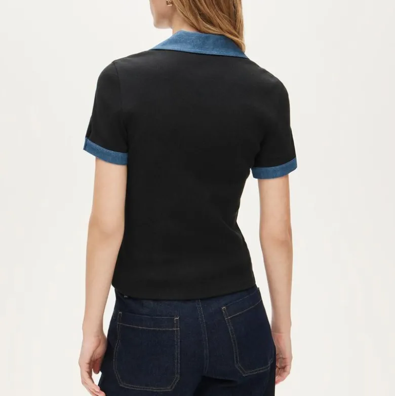 Perfect rib johnny-collar top with denim trim