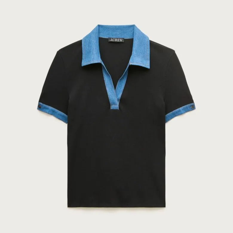 Perfect rib johnny-collar top with denim trim